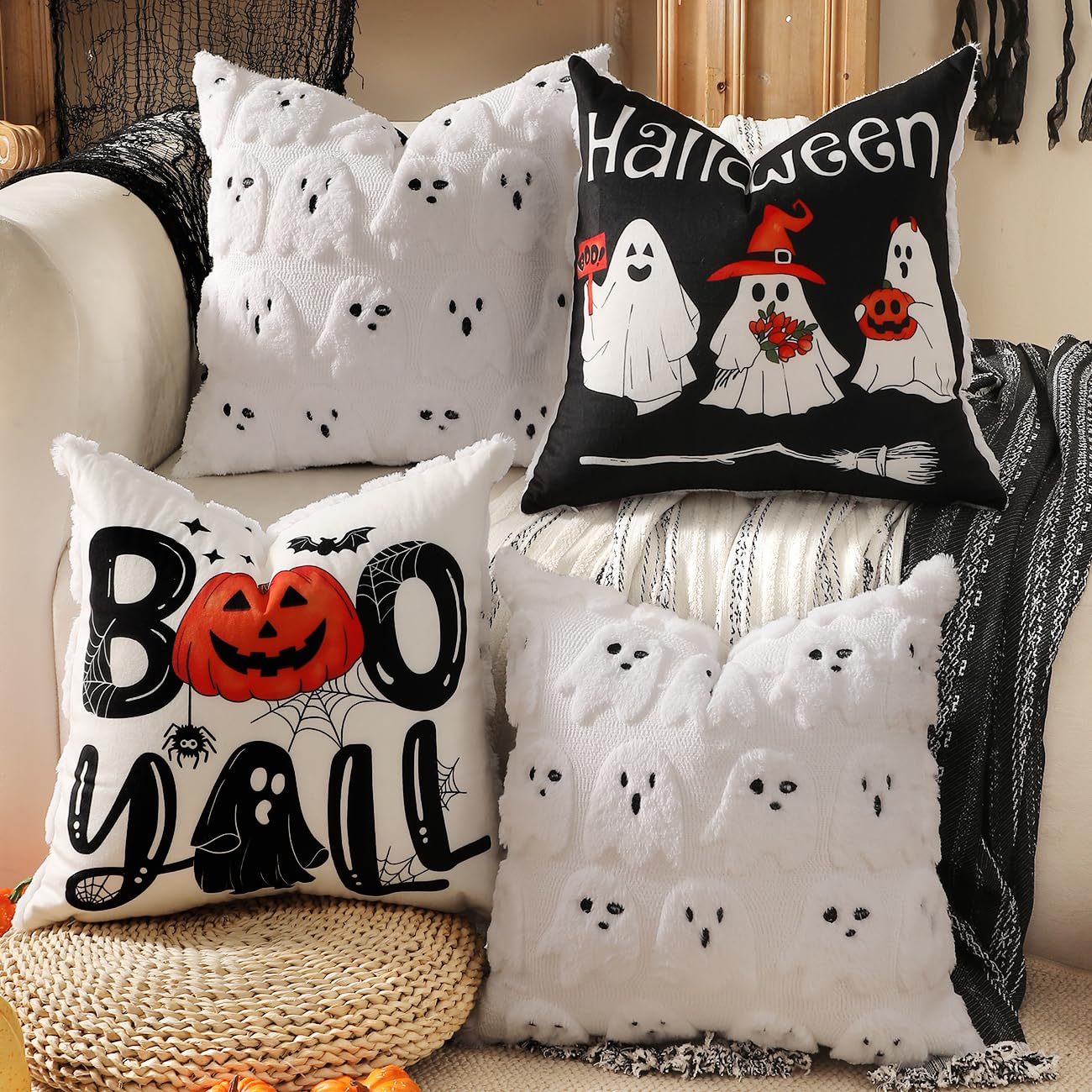 TOYPOPOR Halloween Decorations, 2 Packs Double Sided Ghost Pillow Covers, Soft Fur Throw Pillow Cases Indoor outdoor Pumpkin Couch Cushion Case for Fall Autumn Bedroom Living Room Home Decor 18''x18''