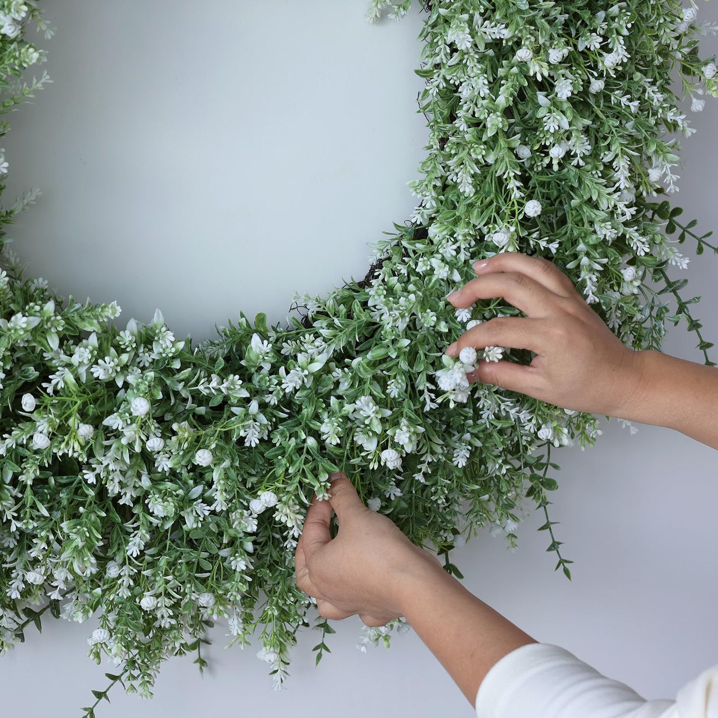 32" Large Artificial Eucalyptus Wreath for Front Door(White-Green) | Weather Resistant,Lifelike Eucalyptus Lavender with Babys Breath Flowers Wreath,for Home Farmhouse Wall Year-Round Use Decor