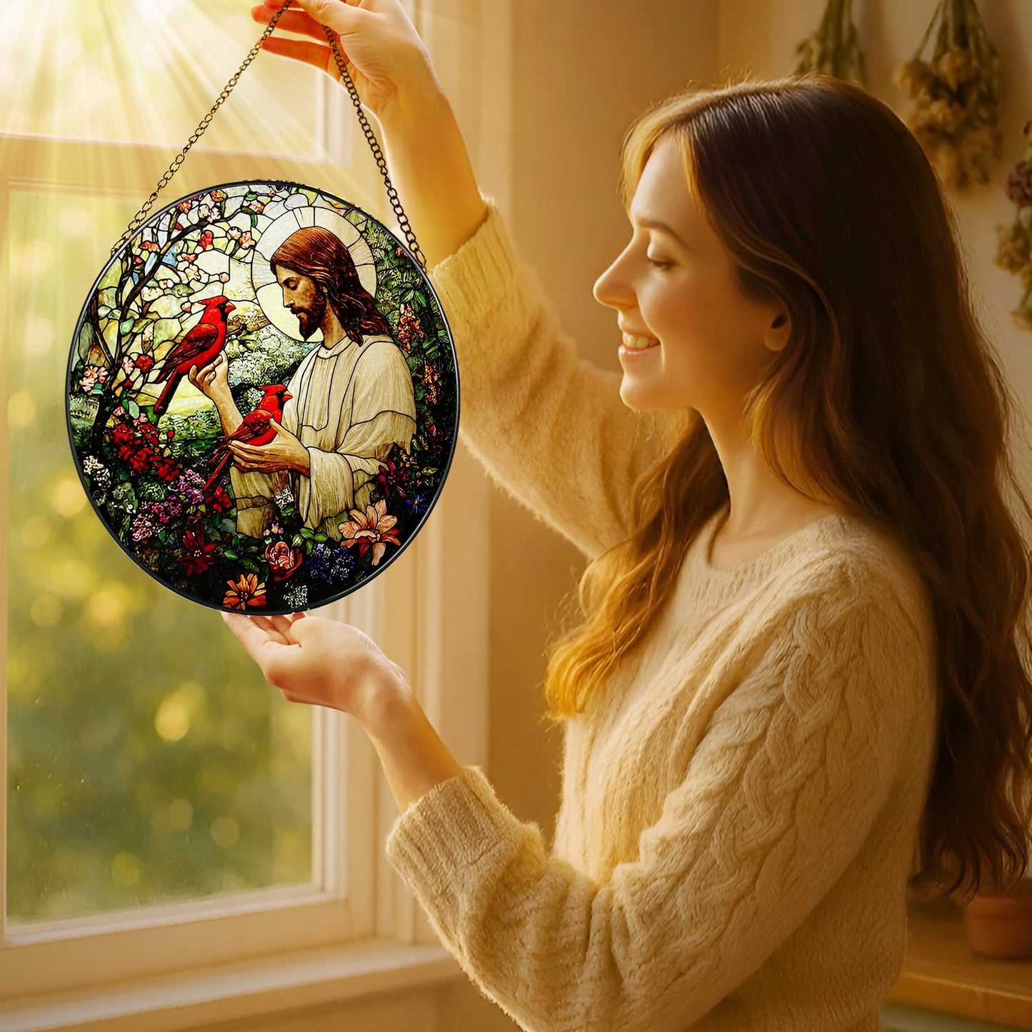 8-Inch Jesus with Cardinals Suncatcher Ornament, Stained Glass Window Hanging & Religious Christmas Ornament, Christian Window Decor — Memorial Gift, Christian Gifts for Her, Religious Gifts