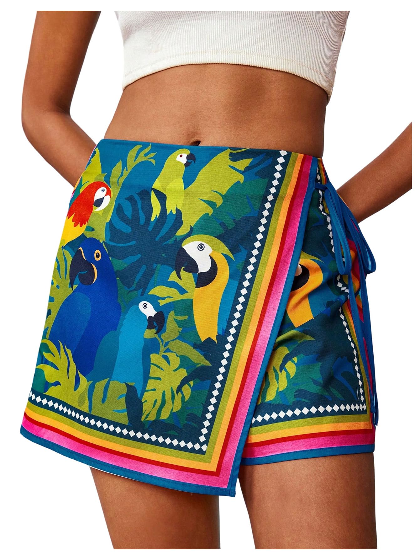 Sweatyrocks Women's Boho Mini Skirts Floral Shorts Tie Side Wrap Elastic Waist Summer Skorts Beach Vacation Outfits