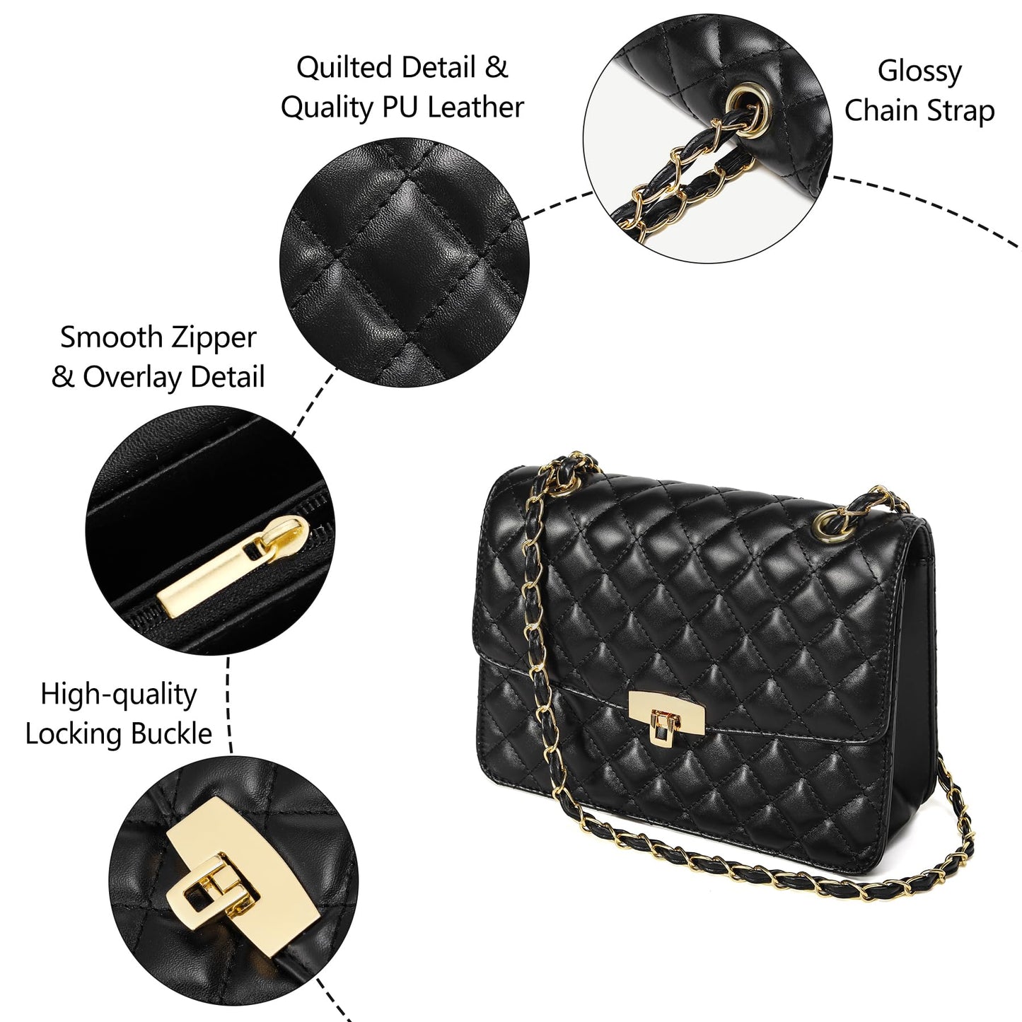 Quilted Leather Crossbody Bags for Women Trendy Ladies Shoulder Purse Satchel HandBag with Chain Strap