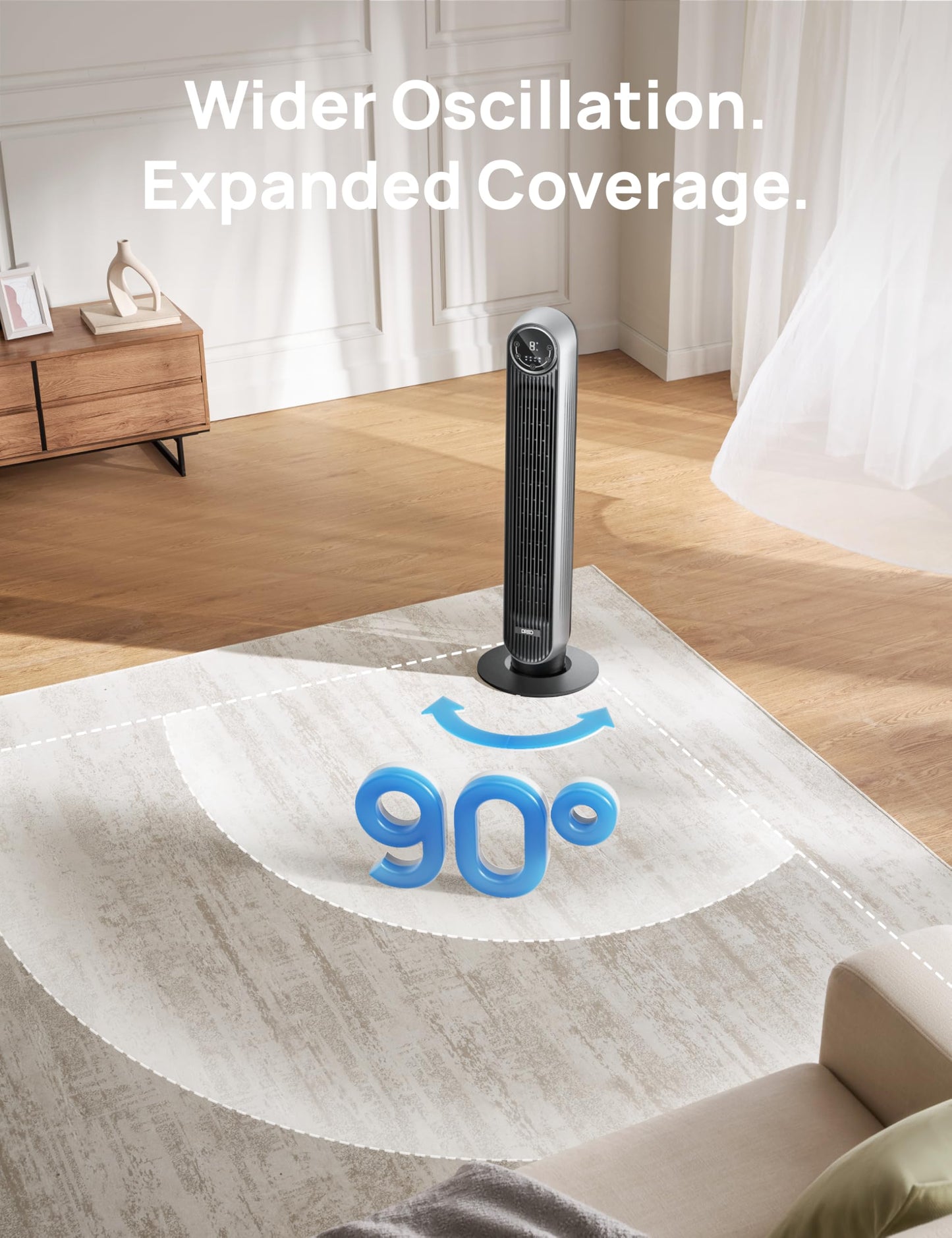 DREO Tower Fan for Bedroom, 2026 Upgraded DC Motor, 28ft/s High Velocity, 20dB Ultra Quiet Standing Fan, 8 Speeds 4 Modes, 90° Oscillating Bladeless Fan for Indoors, Floor Fans with Remote, Black