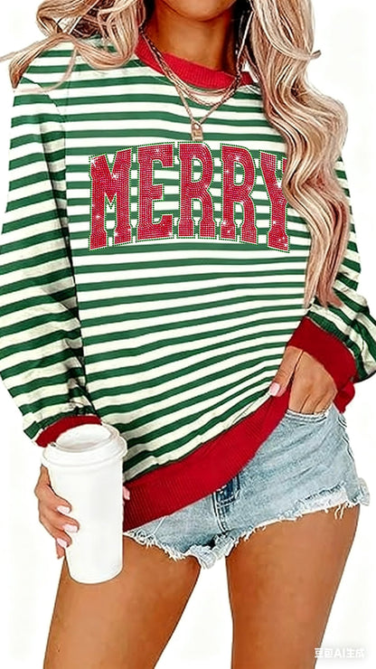 Tewmeu Christmas Sweatshirts for Women Sparkly Merry and Bright Sweater