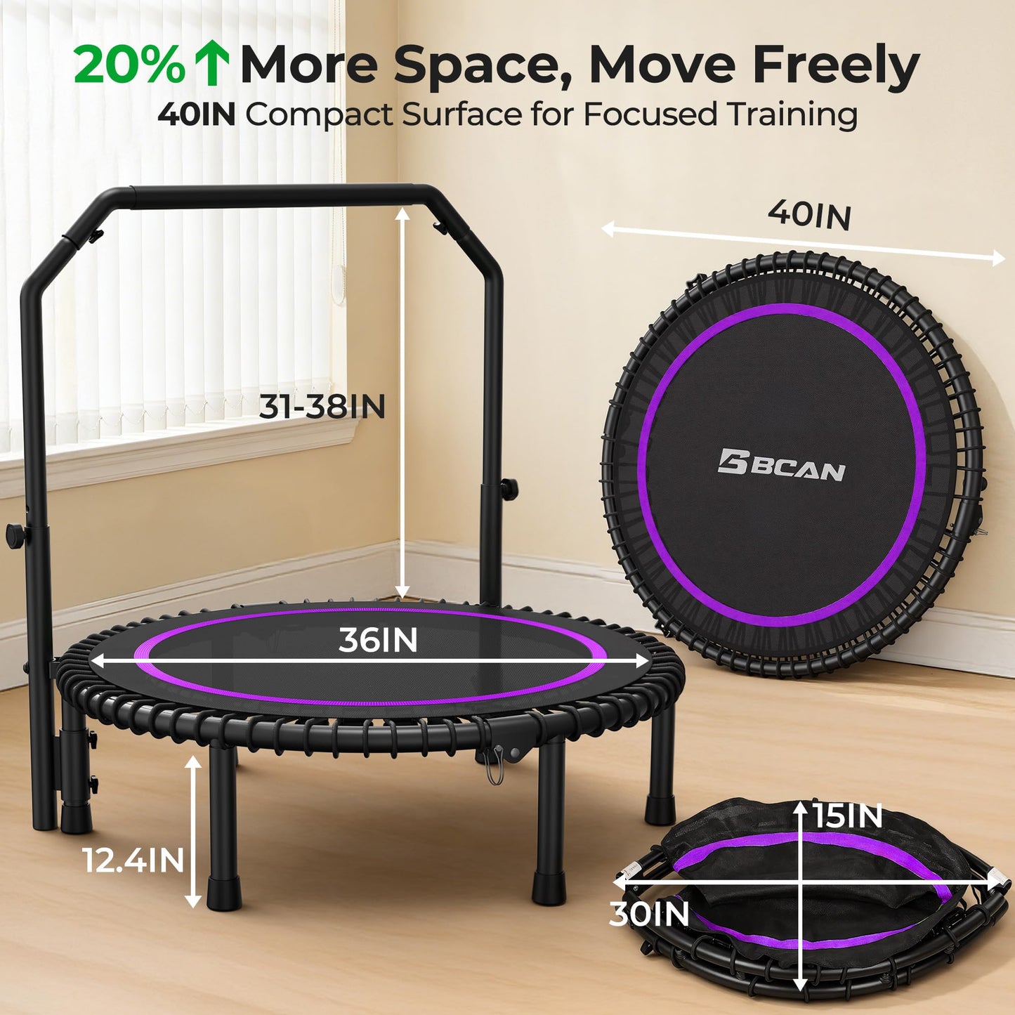 BCAN BT2 450/550LBS Mini Rebounder Trampoline for Adults with Bar, Fitness Trampoline with Bungees, Adjustable Handle, Stable & Quiet, Indoor Outdoor, Whole-Body Workout - 40IN/48IN | FED Fitness