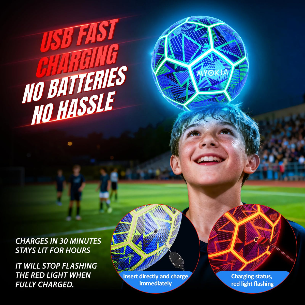 Rechargeable Light Up Soccer Ball Size 5 Tri-Color Glow in Dark