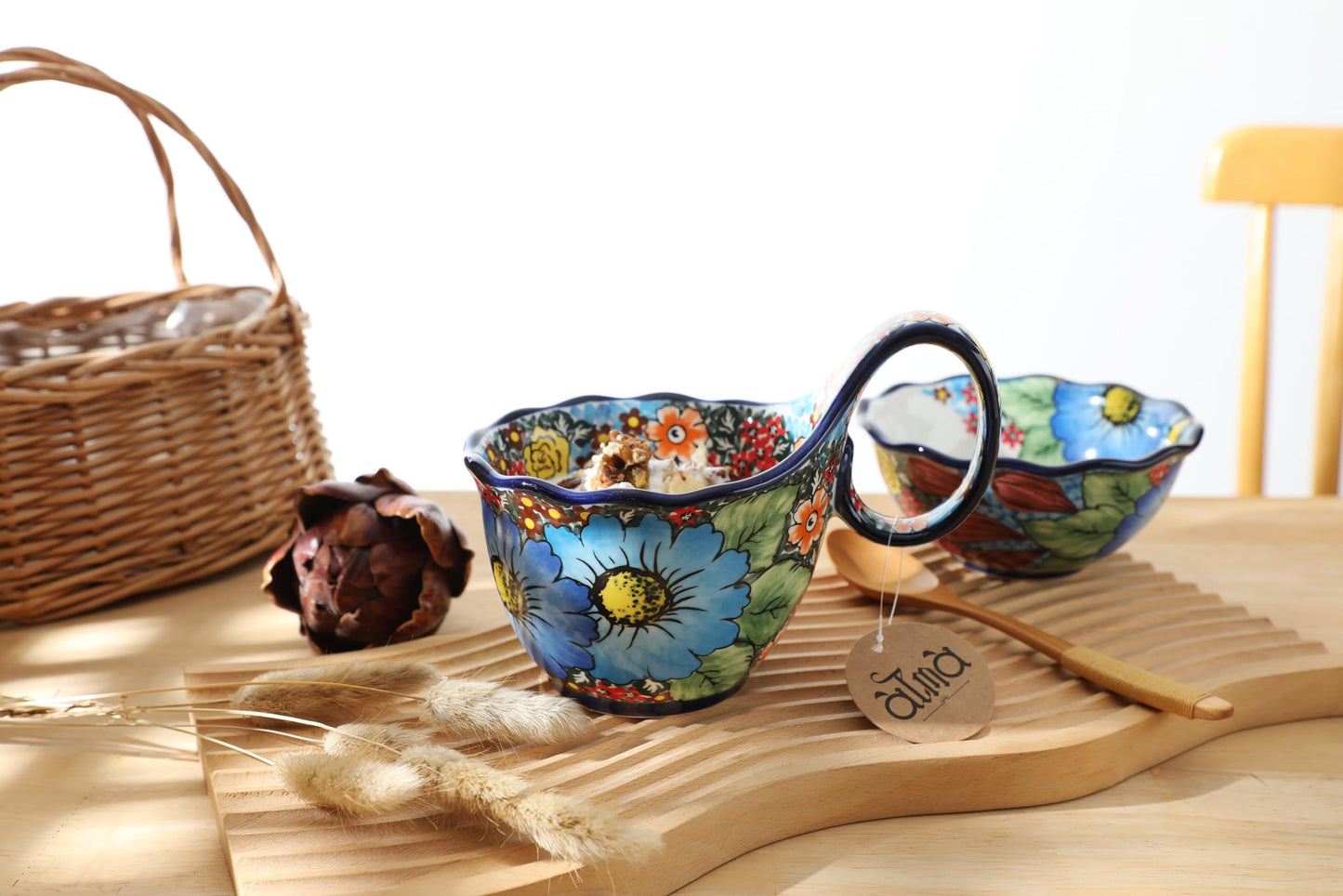 ALMA Handpainted Microwavable Soup Bowl with Loop Handle 18.6oz, Cereal Bowl With Handle Great for Berry, Fruits, Chili, Stew, Ice cream,Floral Soup Mug for Women
