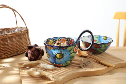 ALMA Handpainted Microwavable Soup Bowl with Loop Handle 18.6oz, Cereal Bowl With Handle Great for Berry, Fruits, Chili, Stew, Ice cream,Floral Soup Mug for Women