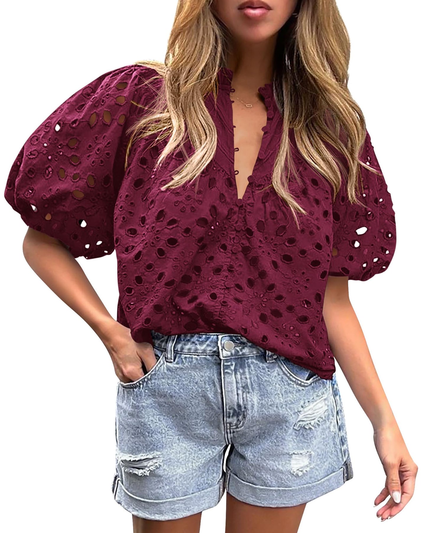PRETTYGARDEN Womens Tops Boho Eyelet Puff Sleeve Blouse