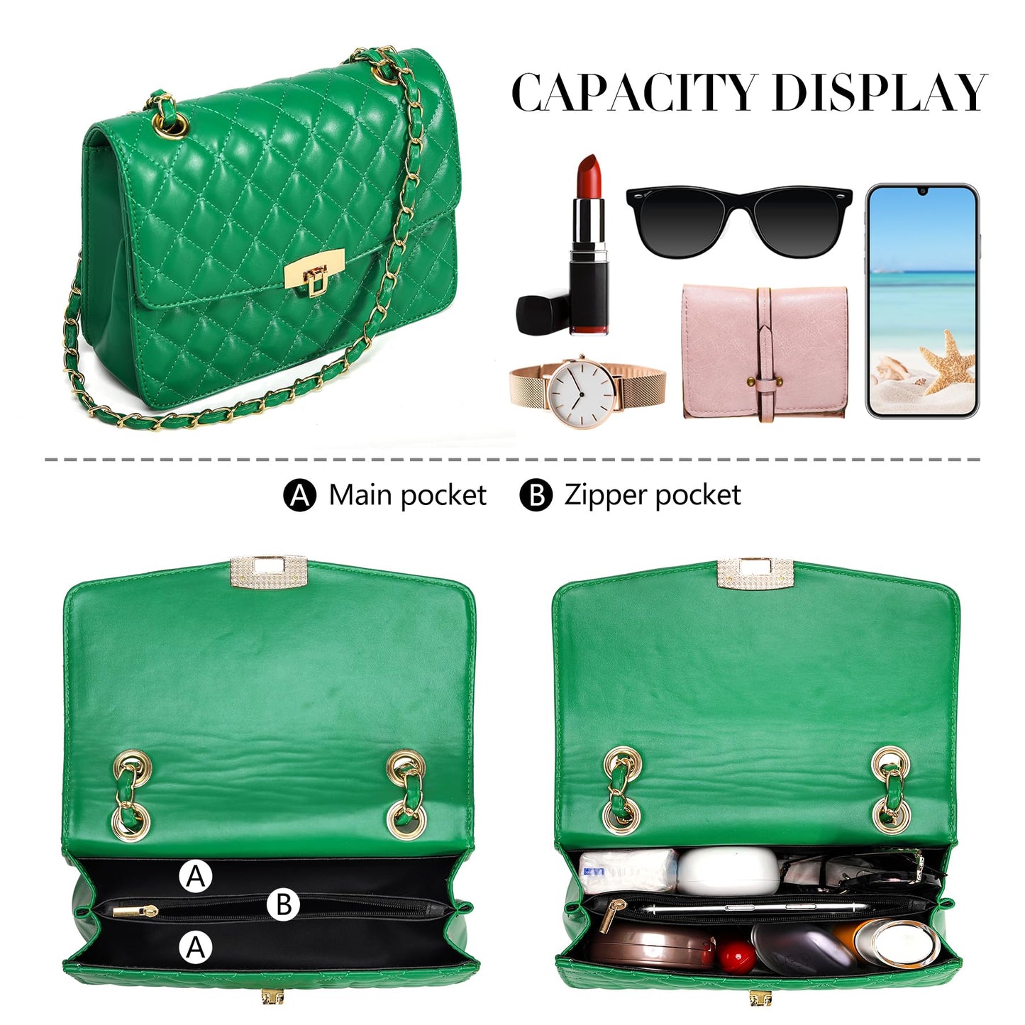 Quilted Leather Crossbody Bags for Women Trendy Ladies Shoulder Purse Satchel HandBag with Chain Strap