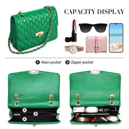 Quilted Leather Crossbody Bags for Women Trendy Ladies Shoulder Purse Satchel HandBag with Chain Strap