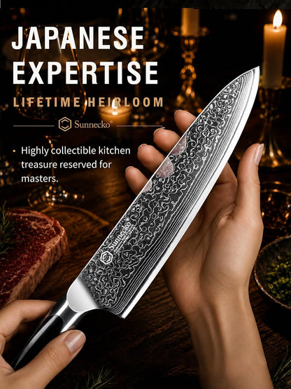 Sunnecko 8 Inch Japanese Damascus Chef Knife - Ultra Sharp VG10 Steel | 10-12 Degree Edge 67 Layers Kitchen Cooking Knives for Meat, Vegetable Fruit, Full Tang, Camping BBQ Gifts for Men
