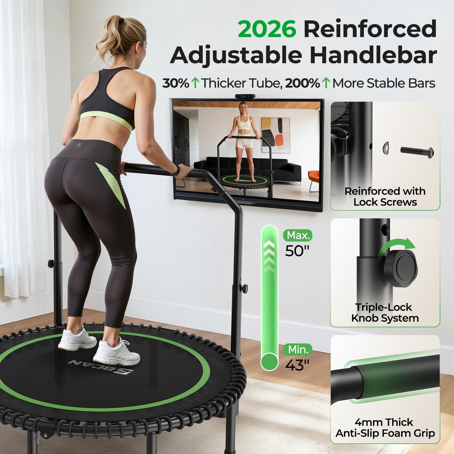 BCAN BT2 450/550LBS Mini Rebounder Trampoline for Adults with Bar, Fitness Trampoline with Bungees, Adjustable Handle, Stable & Quiet, Indoor Outdoor, Whole-Body Workout - 40IN/48IN | FED Fitness