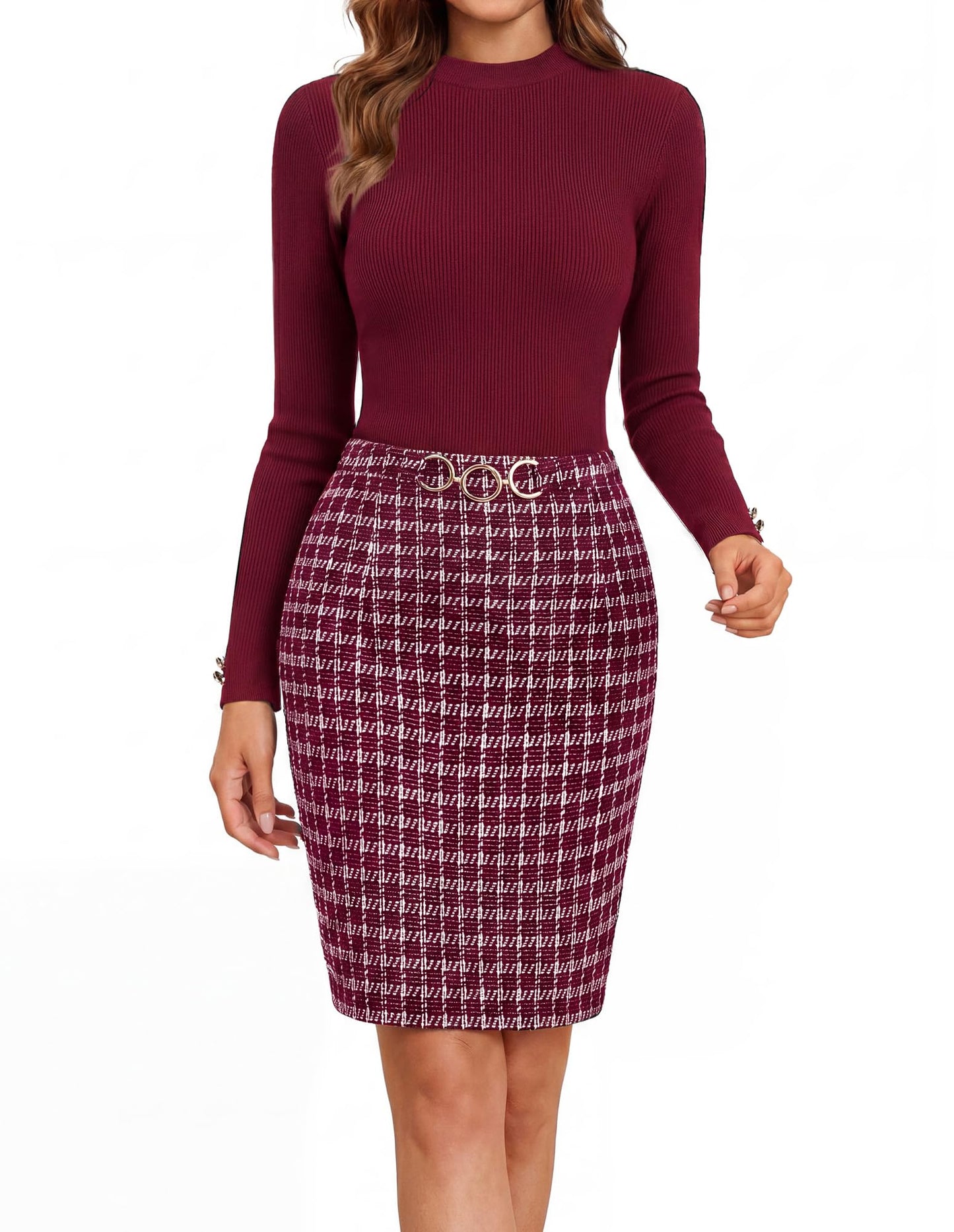 GRACE KARIN Women Long Sleeve Work Business Pencil Tweed Dress