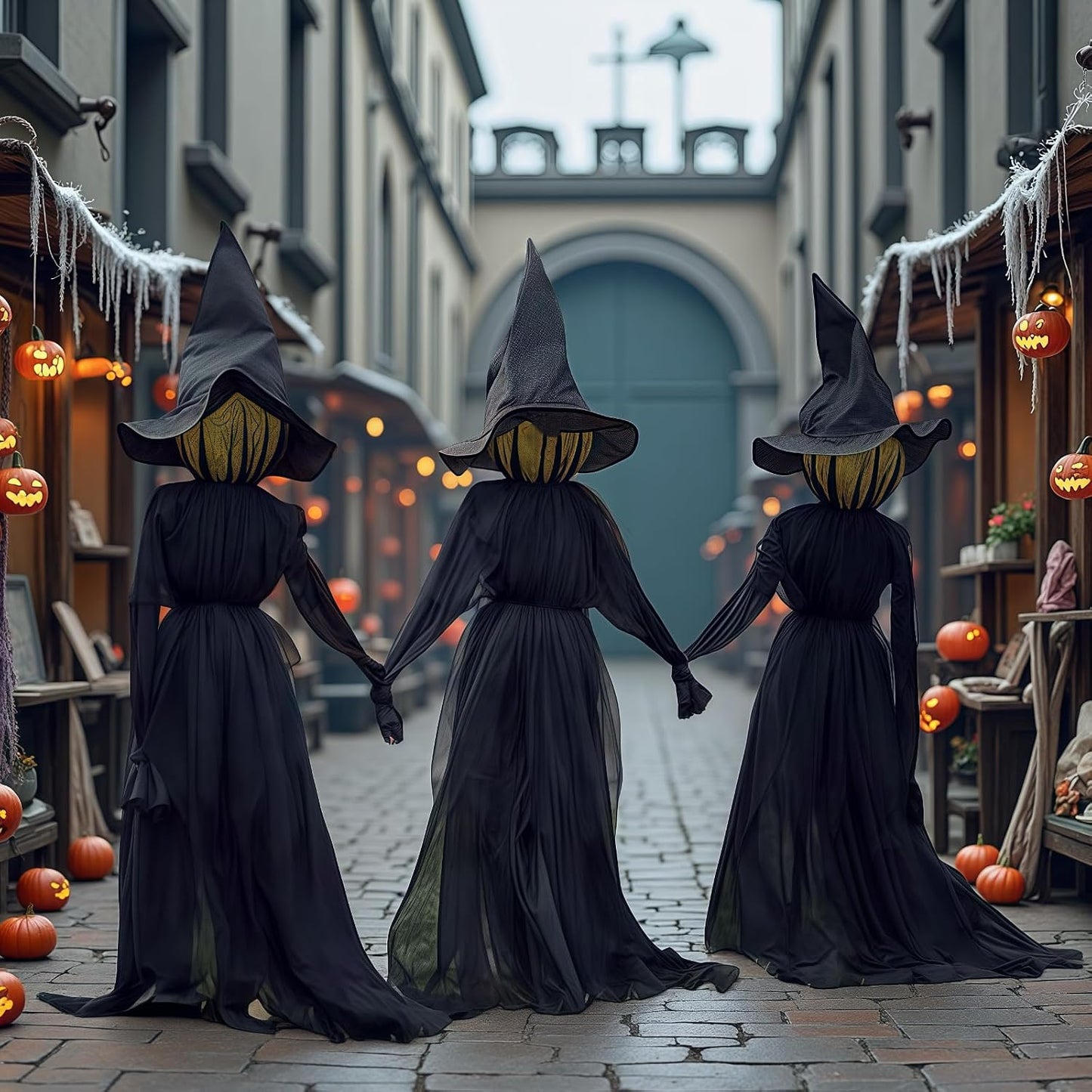 Halloween Witch Decorations Outdoor - 5 FT Set of 3 Light Up Holding Hands Witches Stakes with Glowing Faces, Sound-Activated Screaming Sensor, Waterproof Life Size Scary Halloween Yard Decorations