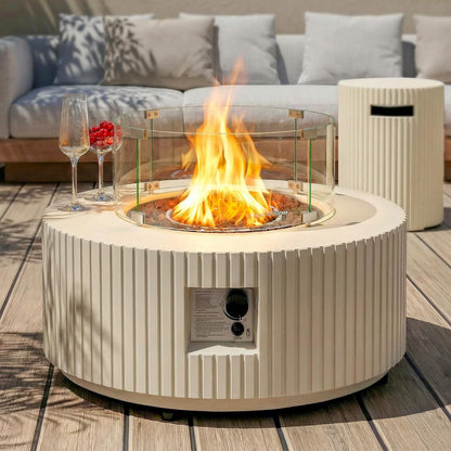 31.5 Inch Round Propane Fire Pit Table - Concrete Round Fire Bowl 50,000 BTU Natural Gas Firepit Burner with Steel Lid, Lava Rocks, Waterproof Cover for Outside Patio, Backyard, Party