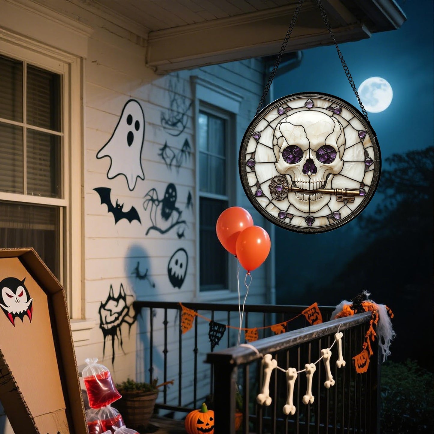 Stained Glass Window Hanging - Halloween Red White Scary Pumpkin Suncatcher for Doors Garden Home Spooky Rattan Sun Catchers Gothic Decor Horror Gifts for Women Men Friend Boy Girl 15 in
