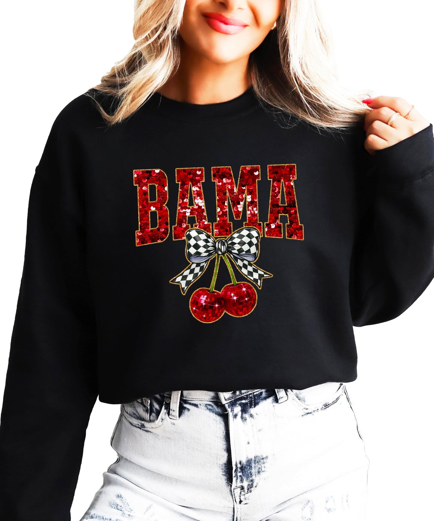 Olive Loves Apple Bama Red Ink-Printed Sequins Sweatshirt for Women & Teens Alabama Fall Sports Sweater