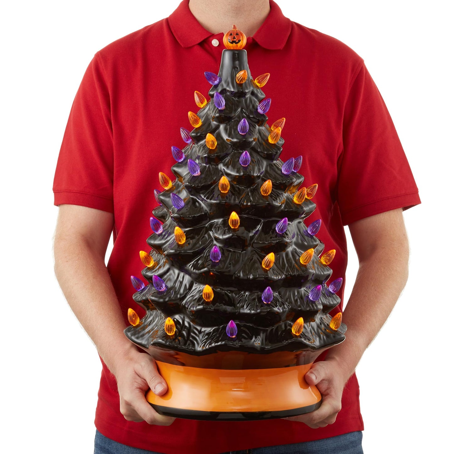 Casafield Hand Painted Ceramic Halloween Tree, 24-Inch Pre-Lit Decoration with 148 Multi-Color Lights, Jack-O-Lantern and Star Toppers