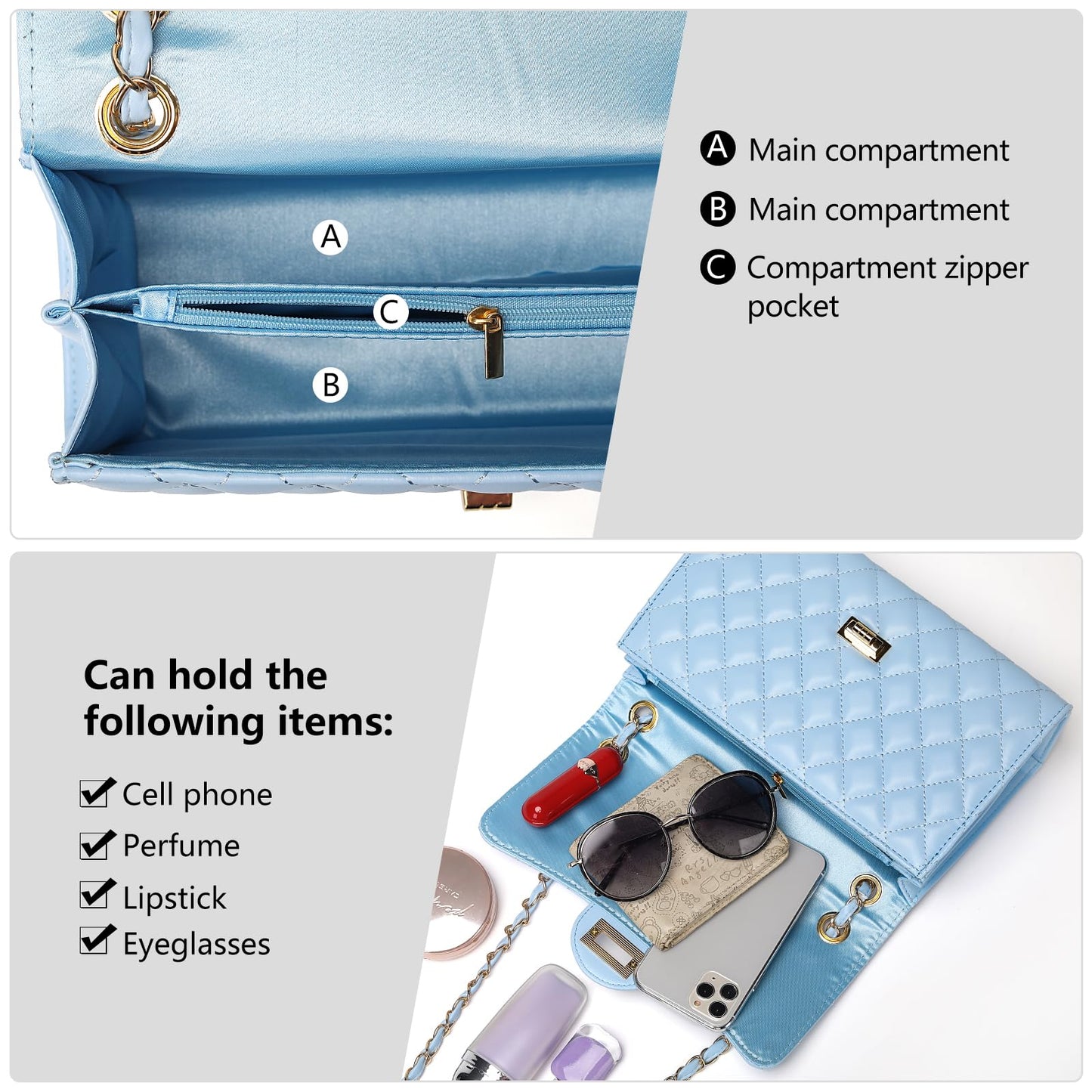 Quilted Leather Crossbody Bags for Women Trendy Ladies Shoulder Purse Satchel HandBag with Chain Strap