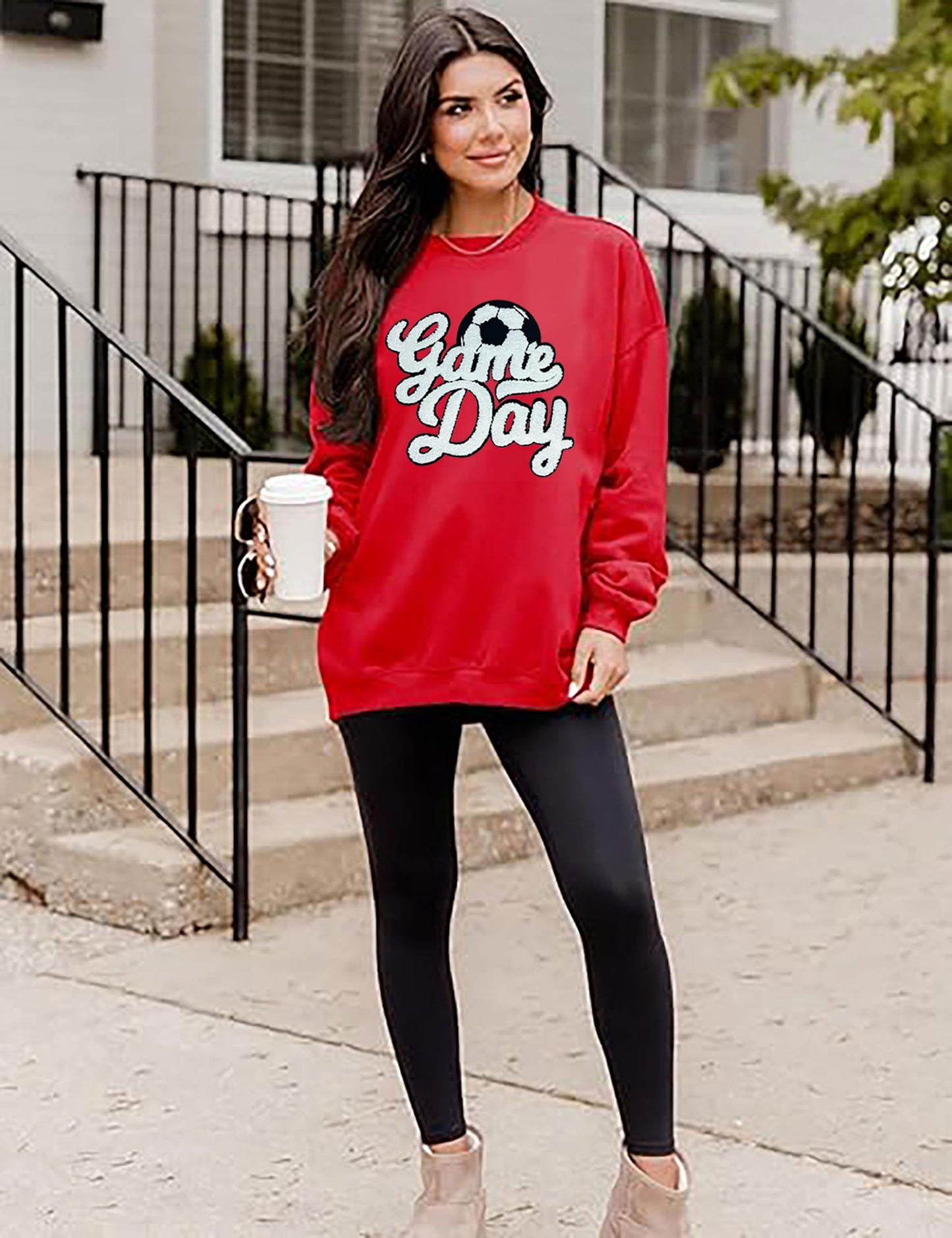Game Day Soccer Sweatshirt Women Soccer Season Chenille Patch Pullover Top Causal Long Sleeve Football Top