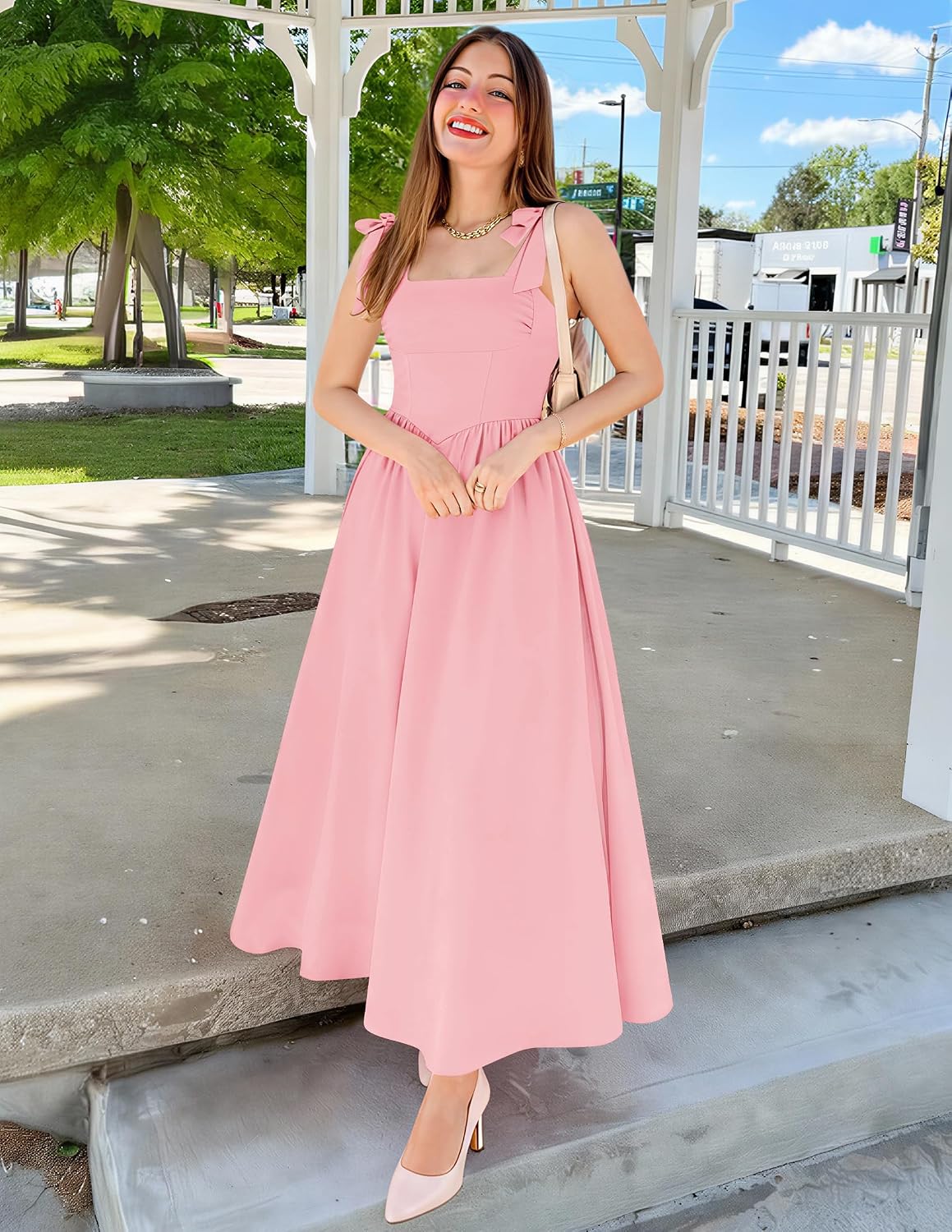 ZESICA Women's Summer Tie Shoulder Wedding Guest Maxi Dress