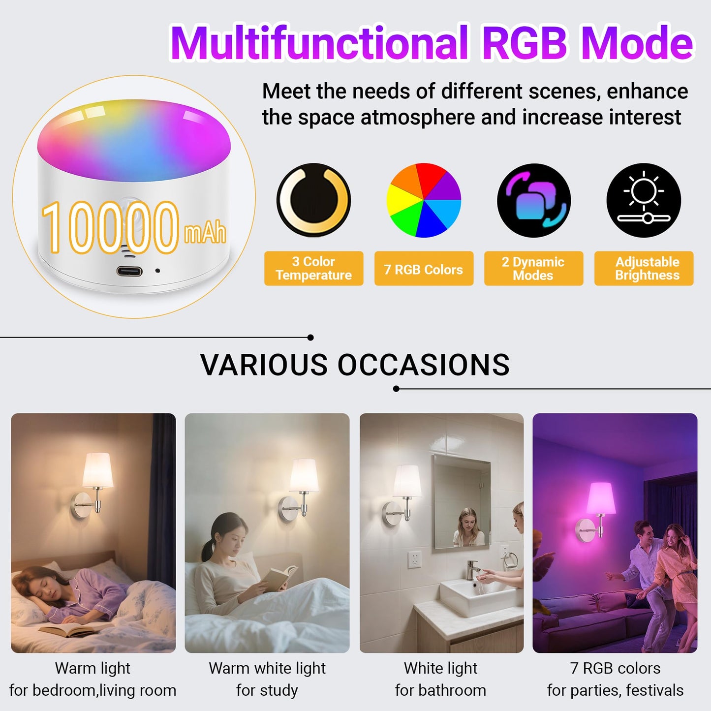 YHCDLAMP Battery Operated Wall Sconce Light with Remote Control, Dimmable Wall Sconce Set of 2 with White Fabric Shade, Wireless Battery Operated Wall Lamp for Bedroom Living Room, Bulb Included