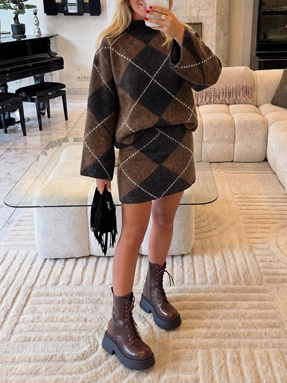 Cicy Bell Women Mock Neck Argyle Sweater 2 Piece Outfits Mini Skirt Sets