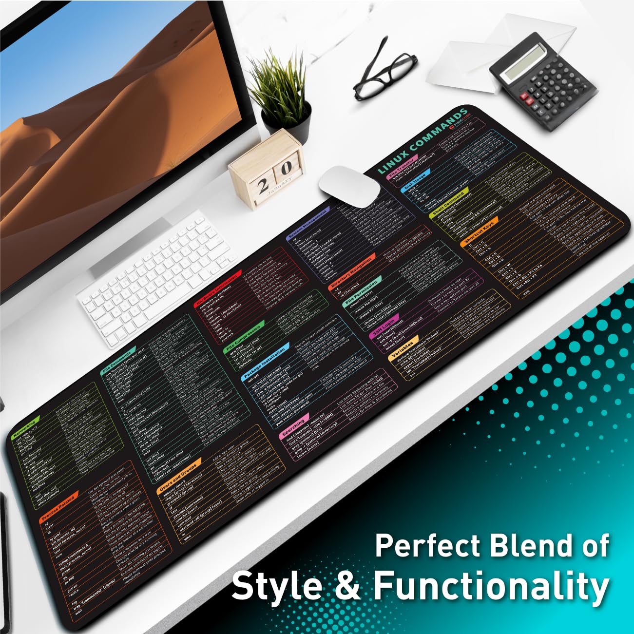 Pixiecube Excel Cheat Sheet Desk Pad | Excel Shortcut Keys Mouse Pad | Extended Large XL Gaming Mousepad | PC Office Spreadsheet Keyboard Mat | Non-Slip Stitched Edge