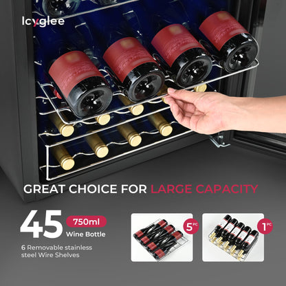 Icyglee 25 Bottle Compressor Wine Cooler Refrigerator, Freestanding Wine Cellar with 41-64°F Adjust Temp & Double-layer Glass Door for Red and White, Wine Cooler for Home Bar, Black