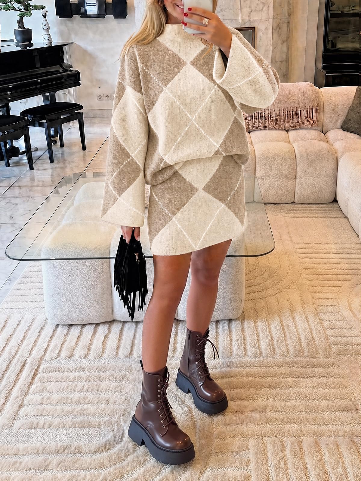 Cicy Bell Women Mock Neck Argyle Sweater 2 Piece Outfits Mini Skirt Sets