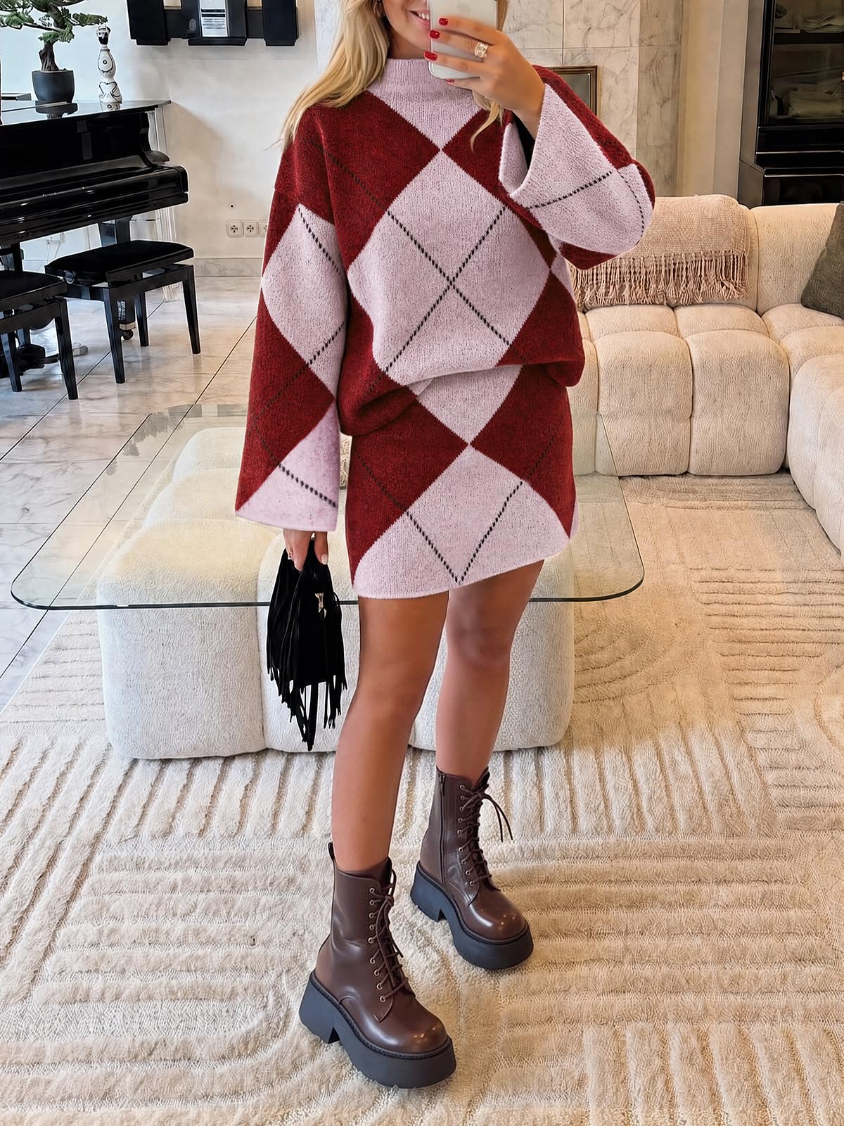 Cicy Bell Women Mock Neck Argyle Sweater 2 Piece Outfits Mini Skirt Sets
