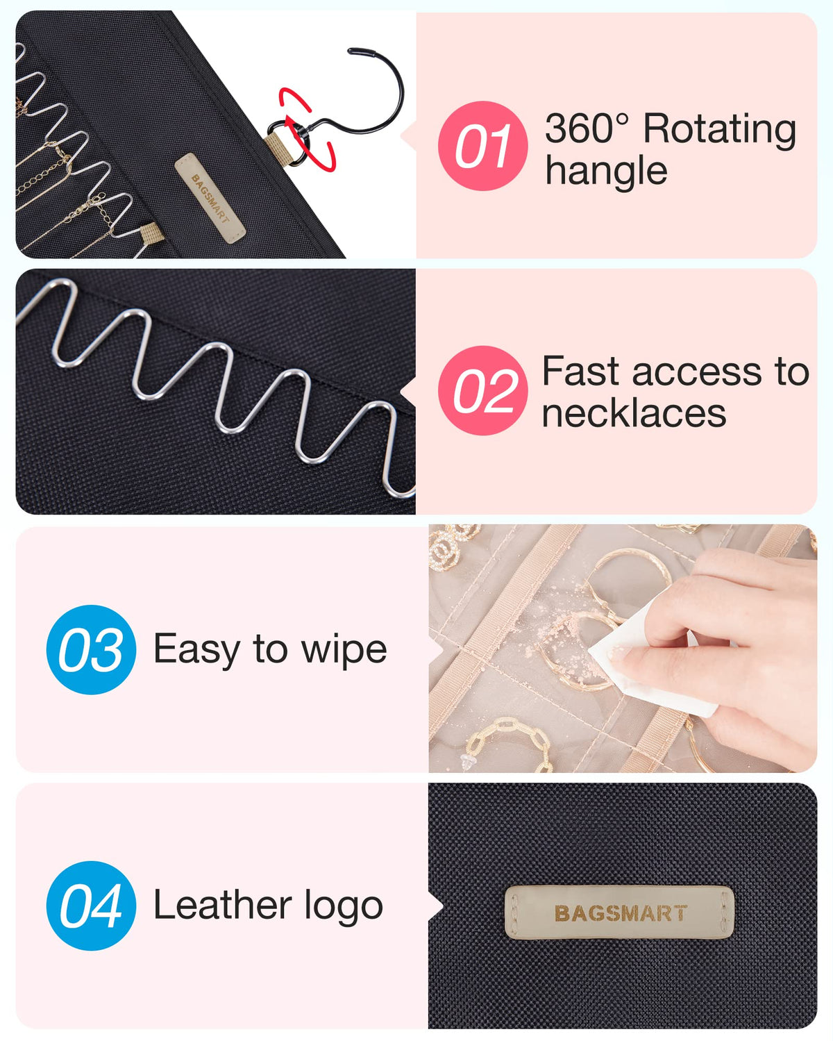 BAGSMART Hanging Jewelry Organizer Storage Roll with Hanger Metal Hooks Double-Sided Jewelry Holder for Earrings, Necklaces, Rings on Closet, Wall, Door, 1 piece, Medium, Pink