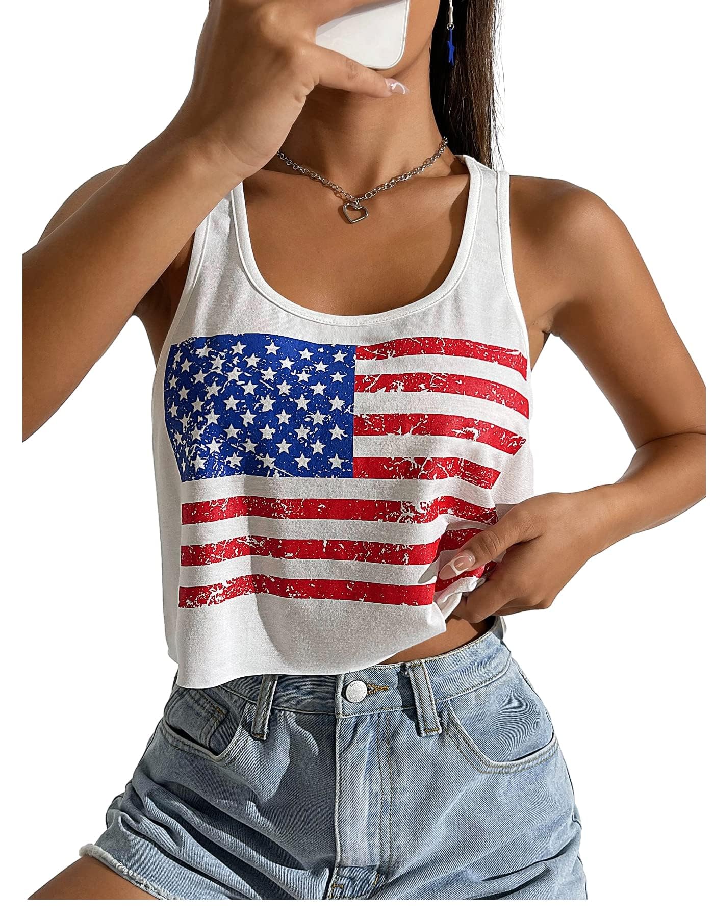 4th of July Crop Tops for Women Funny American Flag Shirts Tank Tops Outfits