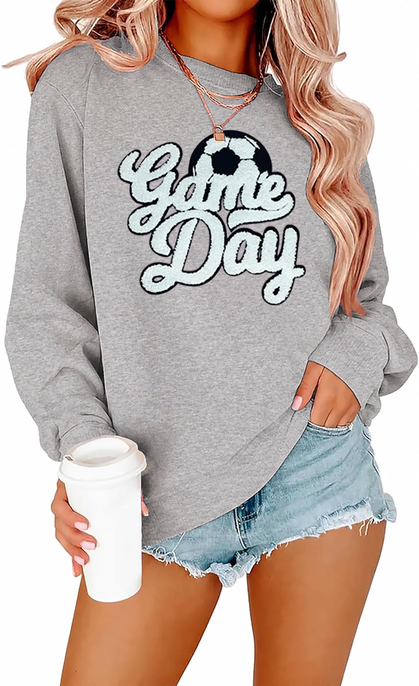 Game Day Soccer Sweatshirt Women Soccer Season Chenille Patch Pullover Top Causal Long Sleeve Football Top