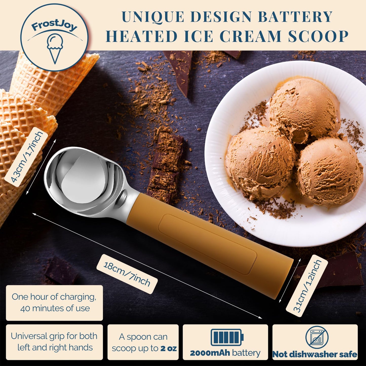 Heated Ice Cream Scoop Rechargeable, Electric Warming Ice Cream Scooper with LED Display, Heats to 158°F for Hard Ice Cream, Easy for Seniors & Kids, IP67 Waterproof (White, 2 oz)