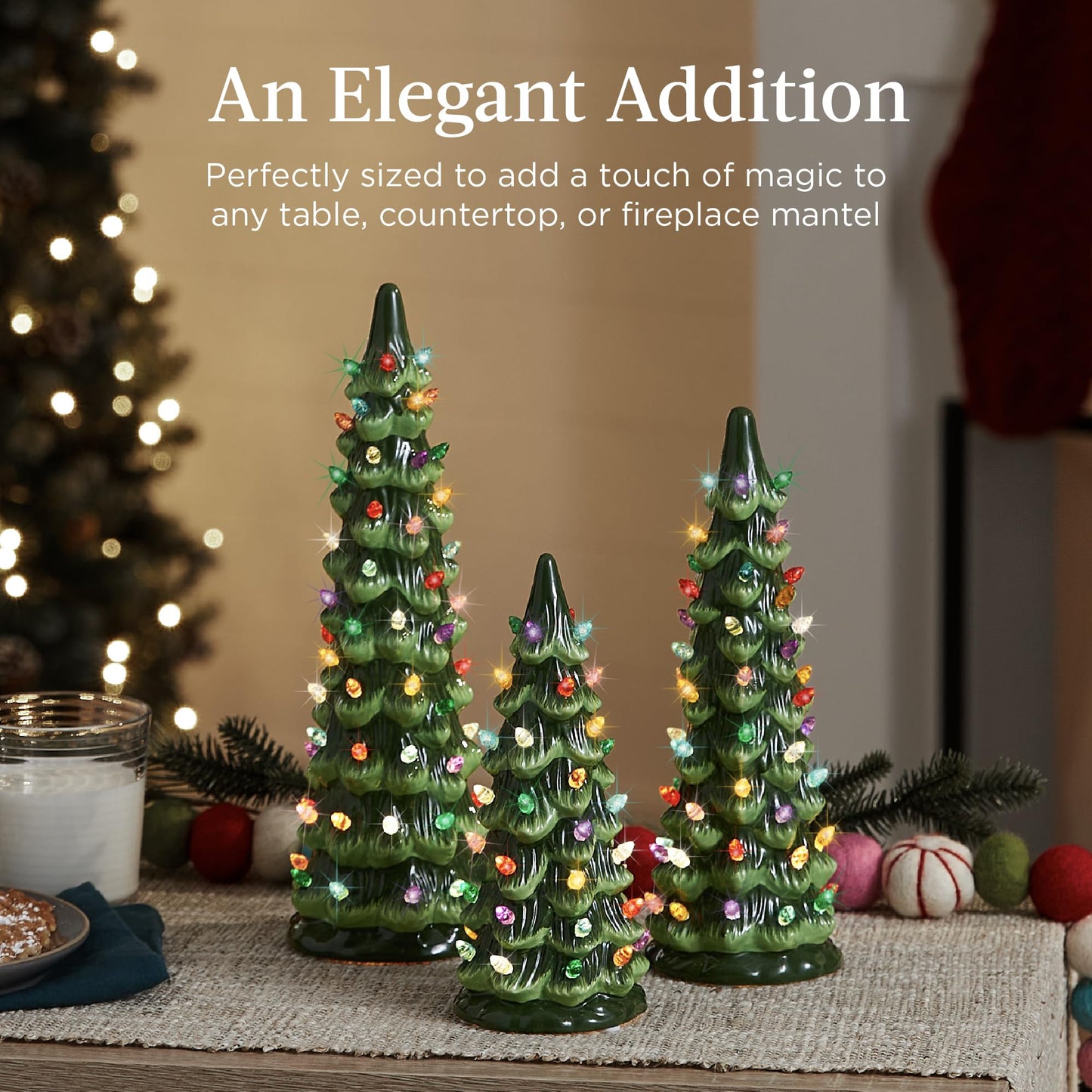 Best Choice Products Set of 3 Ceramic Christmas Trees, Pre-Lit Hand-Painted Tabletop Holiday Decoration w/Multicolor Bulbs, LED Lights – Green