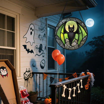 Stained Glass Window Hanging - Halloween Red White Scary Pumpkin Suncatcher for Doors Garden Home Spooky Rattan Sun Catchers Gothic Decor Horror Gifts for Women Men Friend Boy Girl 15 in