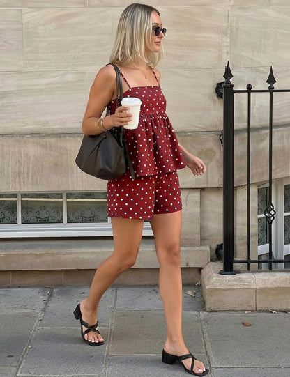 FOMELY Women's Polka Dot 2 Piece Short Set with Pockets