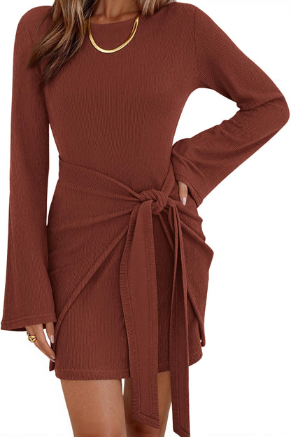 dowerme Women Bell Long Sleeve Tie Waist Bodycon Mini Dress