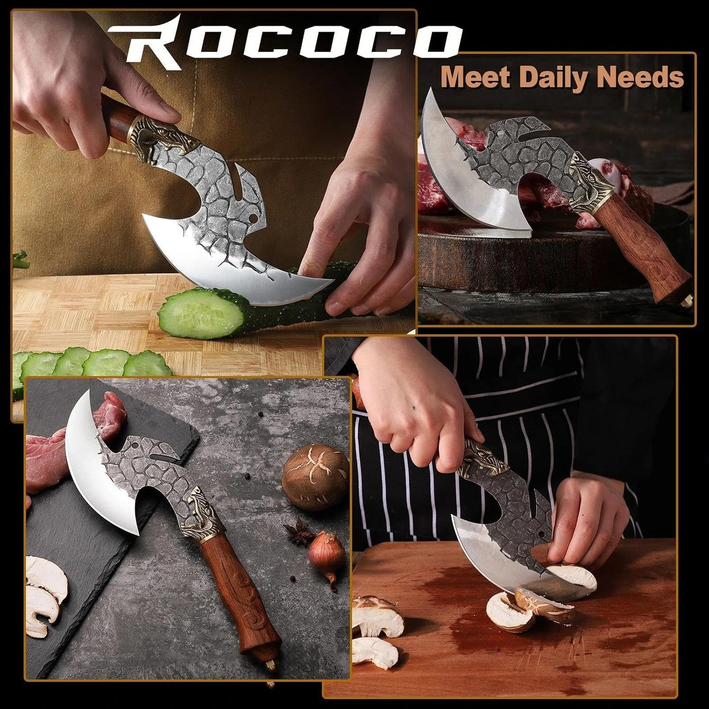 ROCOCO Viking Cleaver Knife Birthday - Kitchen Axe & Sheath Father Gift Men | Hand Forged High Carbon Steel Butcher Meat Cutting Boning Knife for Home Outdoor BBQ Camping Chirstmas Mother