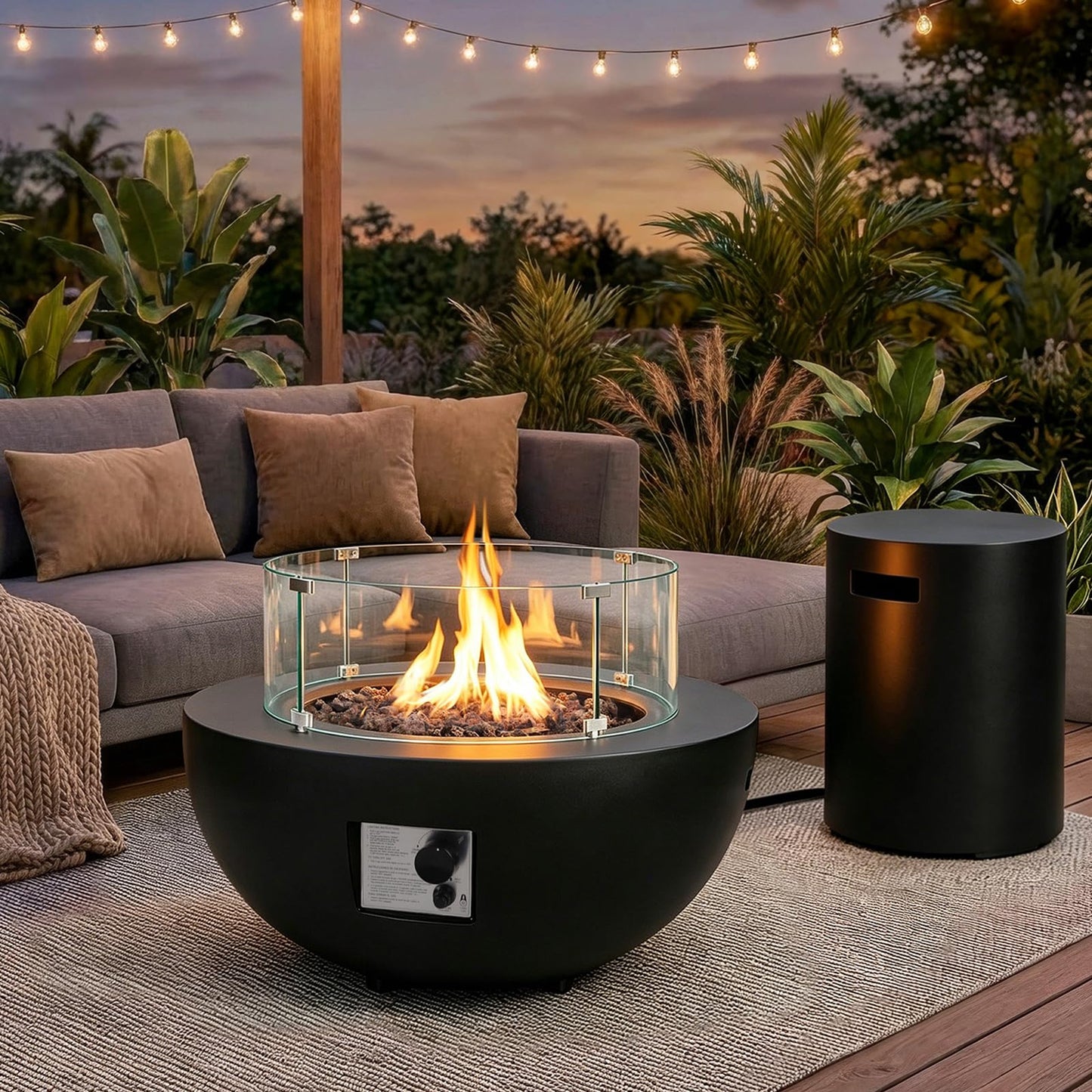 31.5 Inch Round Propane Fire Pit Table - Concrete Round Fire Bowl 50,000 BTU Natural Gas Firepit Burner with Steel Lid, Lava Rocks, Waterproof Cover for Outside Patio, Backyard, Party