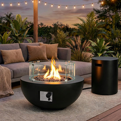 31.5 Inch Round Propane Fire Pit Table - Concrete Round Fire Bowl 50,000 BTU Natural Gas Firepit Burner with Steel Lid, Lava Rocks, Waterproof Cover for Outside Patio, Backyard, Party