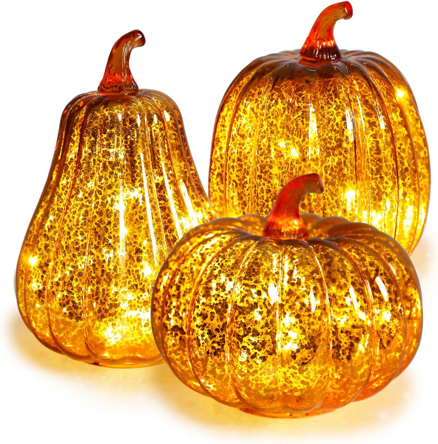 Mercury Glass Pumpkin Lights with Timer, Fall Pumpkins Lamps Tabletop Centerpiece Decorations Autumn Thanksgiving Home Halloween Decor, 3PCS