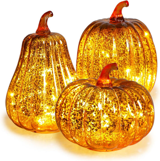 Mercury Glass Pumpkin Lights with Timer, Fall Pumpkins Lamps Tabletop Centerpiece Decorations Autumn Thanksgiving Home Halloween Decor, 3PCS