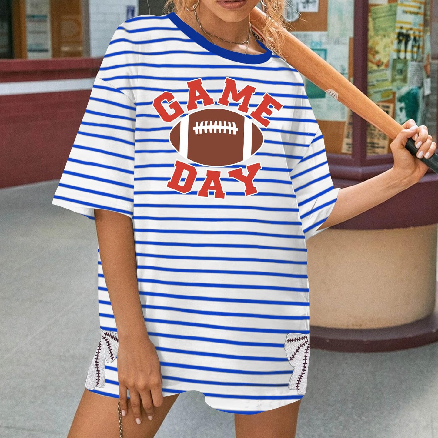 Football Shirts for Women Oversize Game Day T-Shirts Bow Side Split T-Shirt | Football Season Graphic Tee Tops Oversize Football Graphic Short Sleeve Tee Top