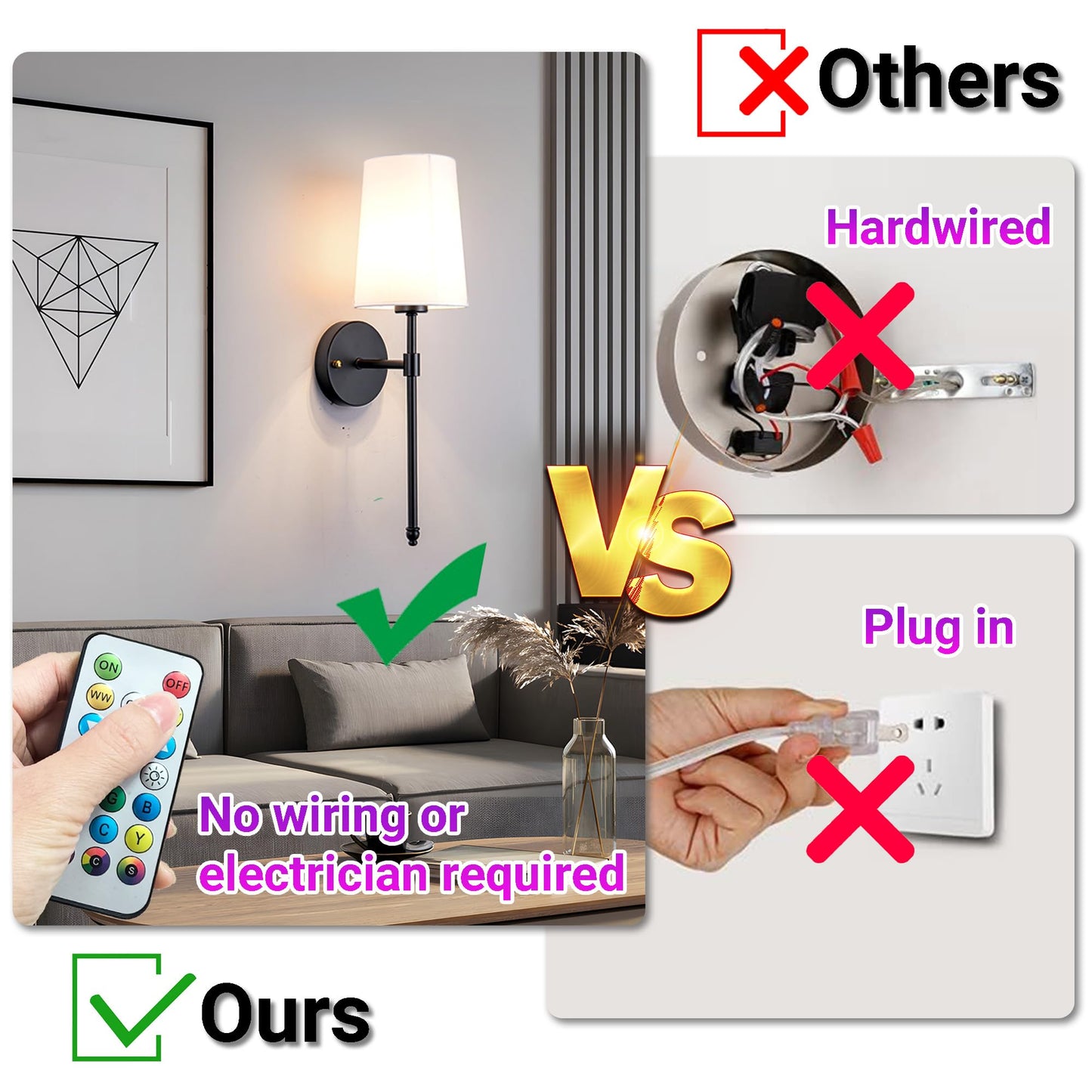 YHCDLAMP Battery Operated Wall Sconce Light with Remote Control, Dimmable Wall Sconce Set of 2 with White Fabric Shade, Wireless Battery Operated Wall Lamp for Bedroom Living Room, Bulb Included