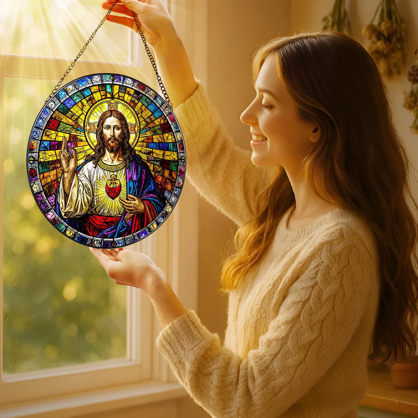8-Inch Jesus with Cardinals Suncatcher Ornament, Stained Glass Window Hanging & Religious Christmas Ornament, Christian Window Decor — Memorial Gift, Christian Gifts for Her, Religious Gifts