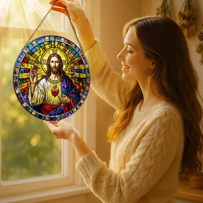 8-Inch Jesus with Cardinals Suncatcher Ornament, Stained Glass Window Hanging & Religious Christmas Ornament, Christian Window Decor — Memorial Gift, Christian Gifts for Her, Religious Gifts