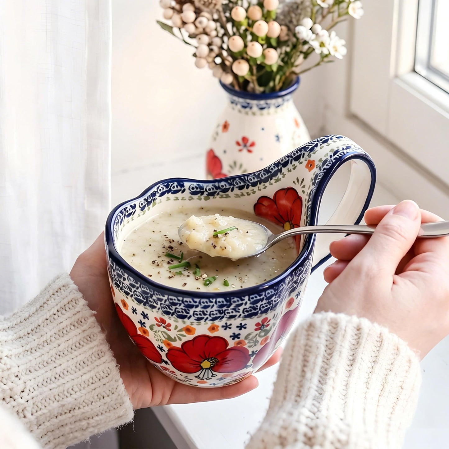ALMA Handpainted Microwavable Soup Bowl with Loop Handle 18.6oz, Cereal Bowl With Handle Great for Berry, Fruits, Chili, Stew, Ice cream,Floral Soup Mug for Women