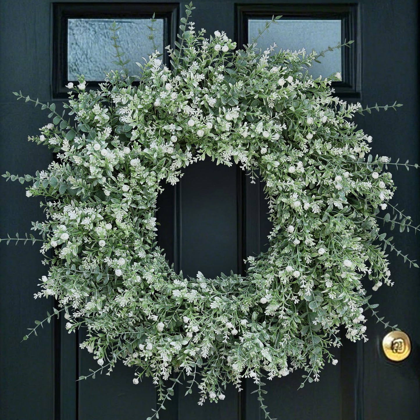32" Large Artificial Eucalyptus Wreath for Front Door(White-Green) | Weather Resistant,Lifelike Eucalyptus Lavender with Babys Breath Flowers Wreath,for Home Farmhouse Wall Year-Round Use Decor